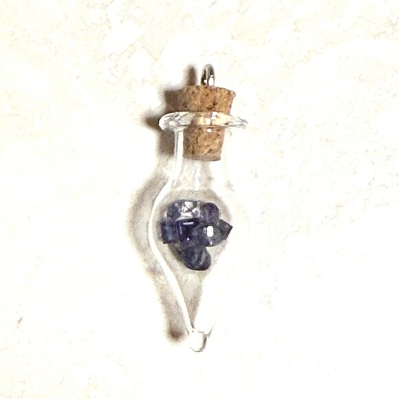 2/20$, Small Glass Bottle Pendant + Tiny Genuine Violet Iolite Cabochons - Picture 1 of 6